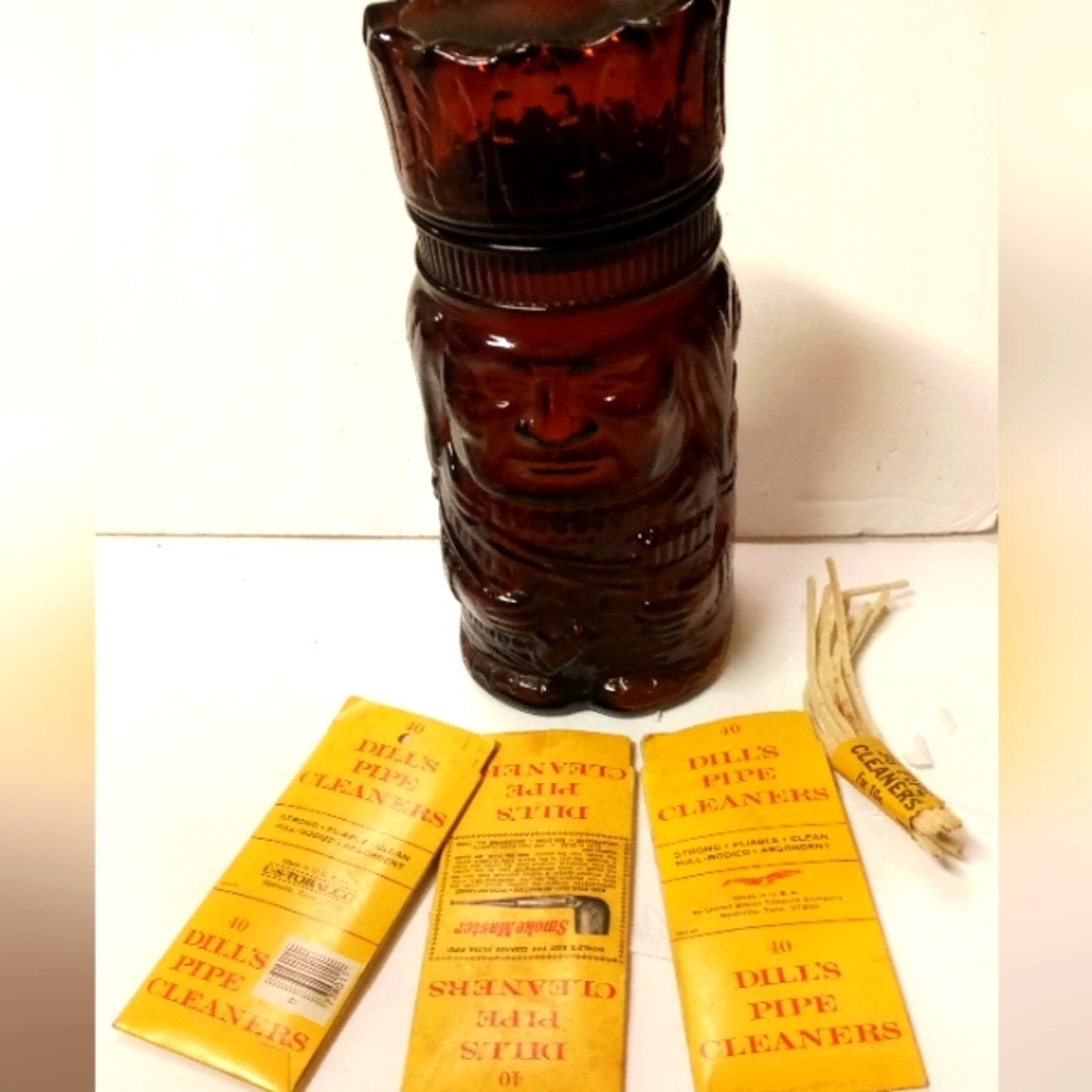 Vintage Indian Chief Glass Canister , Humidor Jar Brown Amber